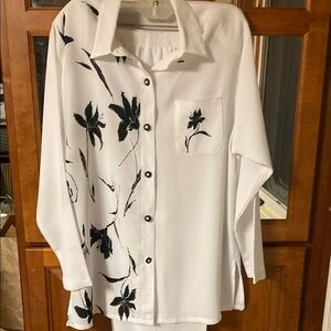Vintage Y2K White Button-Up Pant / Shirt Set with Black Floral Design